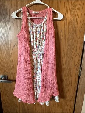Knitworks Pink Crochet Overlay and Floral Girls Dress